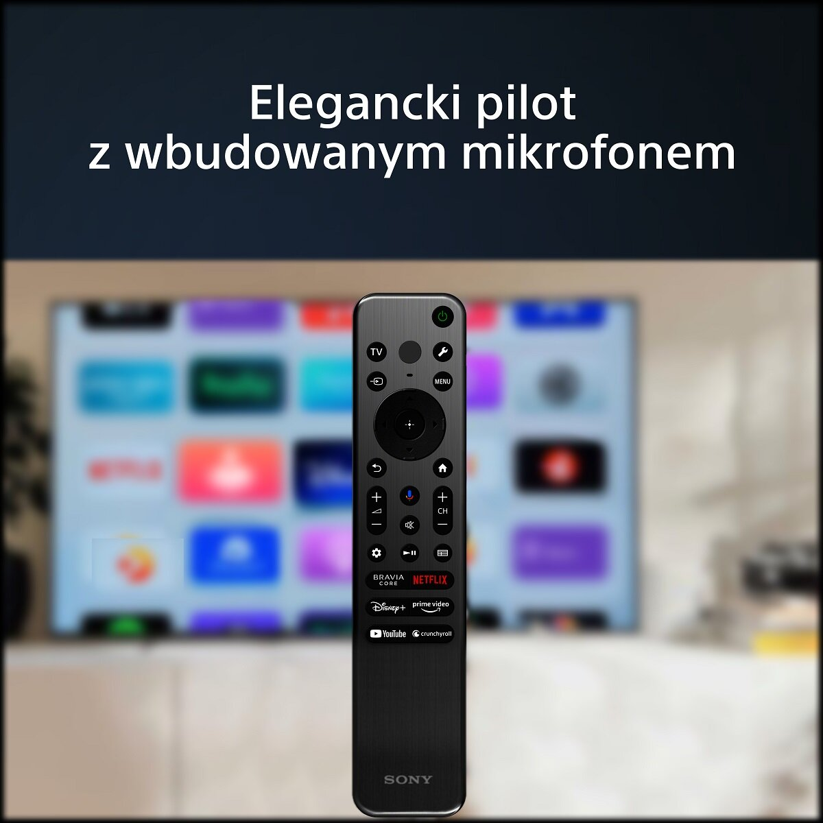 Czarny pilot z wbudowanym mikrofonem, przed ekranem telewizora z ikonami aplikacji.