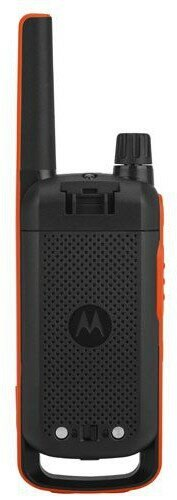 Czarno-pomarańczowe walkie-talkie z anteną i przyciskami. Widoczne logo Motorola.