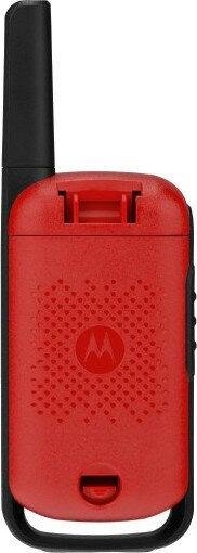 Czerwone radio przenośne z czarną anteną. Tył jest teksturowany, ma logo i jest czerwono-czarny.