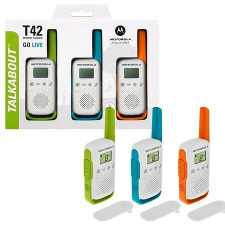 Walkie-talkie w pudełku, z dwoma na zewnątrz. Widoczne są zielone, niebieskie i pomarańczowe akcenty.