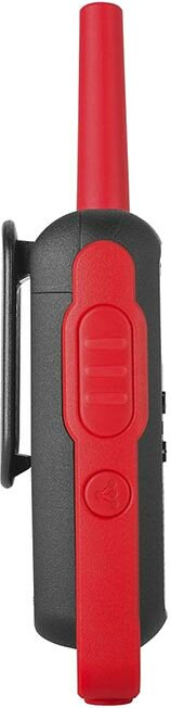 Czarno-czerwone krótkofalówki. Ma czerwony przycisk i czerwoną antenę. Z boku widać klips do paska.