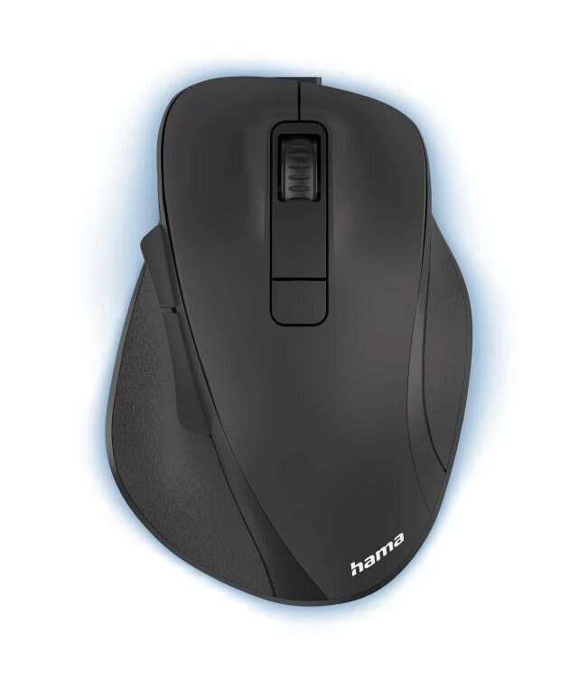 Czarna mysz bezprzewodowa z kółkiem przewijania i przyciskami, na białej powierzchni.