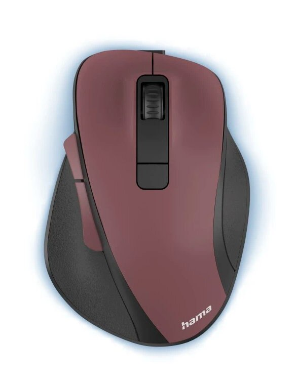 Bordowa mysz komputerowa z czarnymi akcentami, wyposażona w kółko przewijania.
