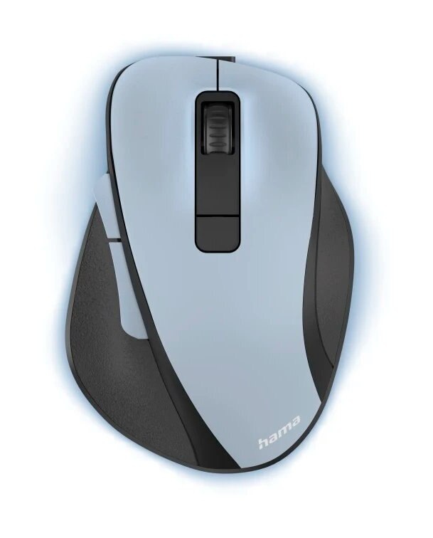 Jasnoniebieska i czarna bezprzewodowa mysz komputerowa na białym tle, z marką 'hama'.