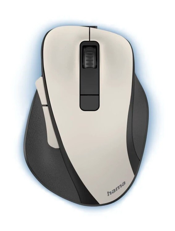 Biało-czarna mysz komputerowa z kółkiem przewijania i bocznymi przyciskami, na białym tle.