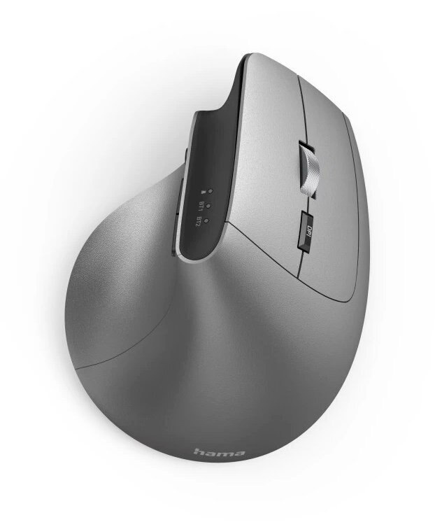 Szara, ergonomiczna mysz na białej powierzchni. Widoczny przycisk DPI i kółko.