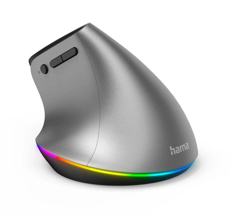 Szara ergonomiczna mysz komputerowa z podświetleniem LED. Widoczna marka Hama.