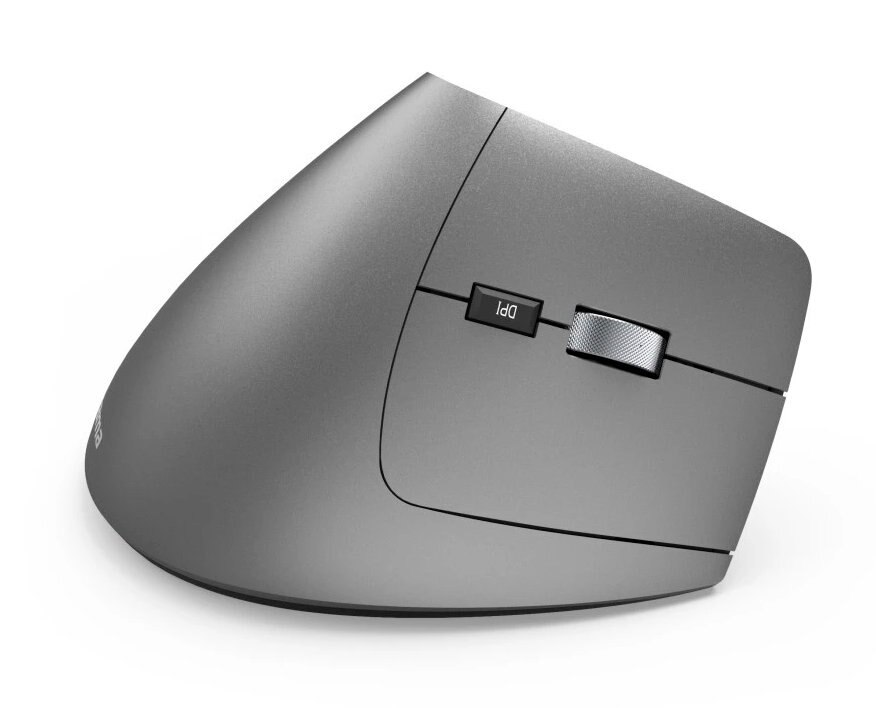 Szara ergonomiczna mysz. Widoczny przycisk DPI i kółko przewijania. Białe tło.