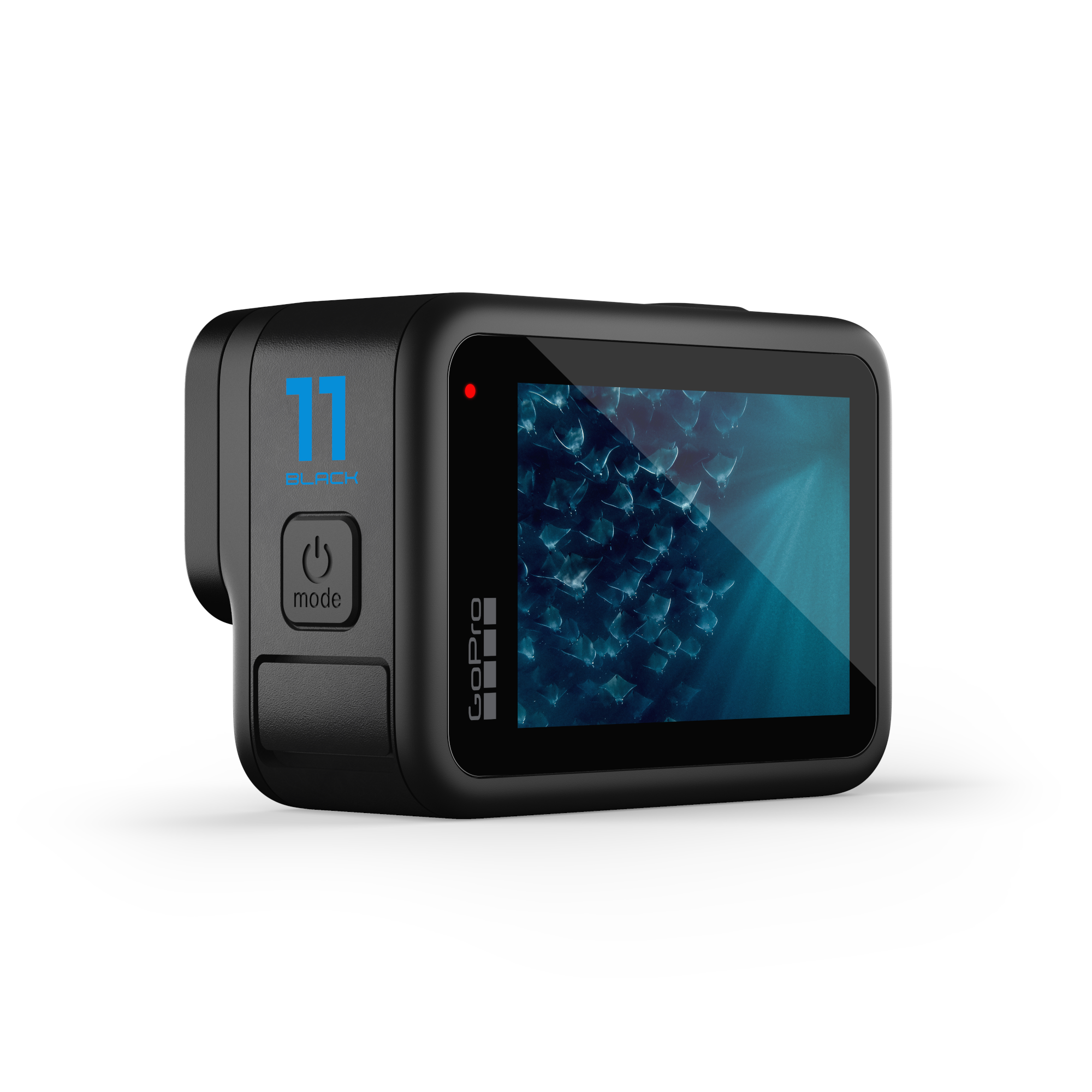 Schwarze GoPro 11 Black Kamera mit einem Bildschirm, der eine Unterwasserszene anzeigt.