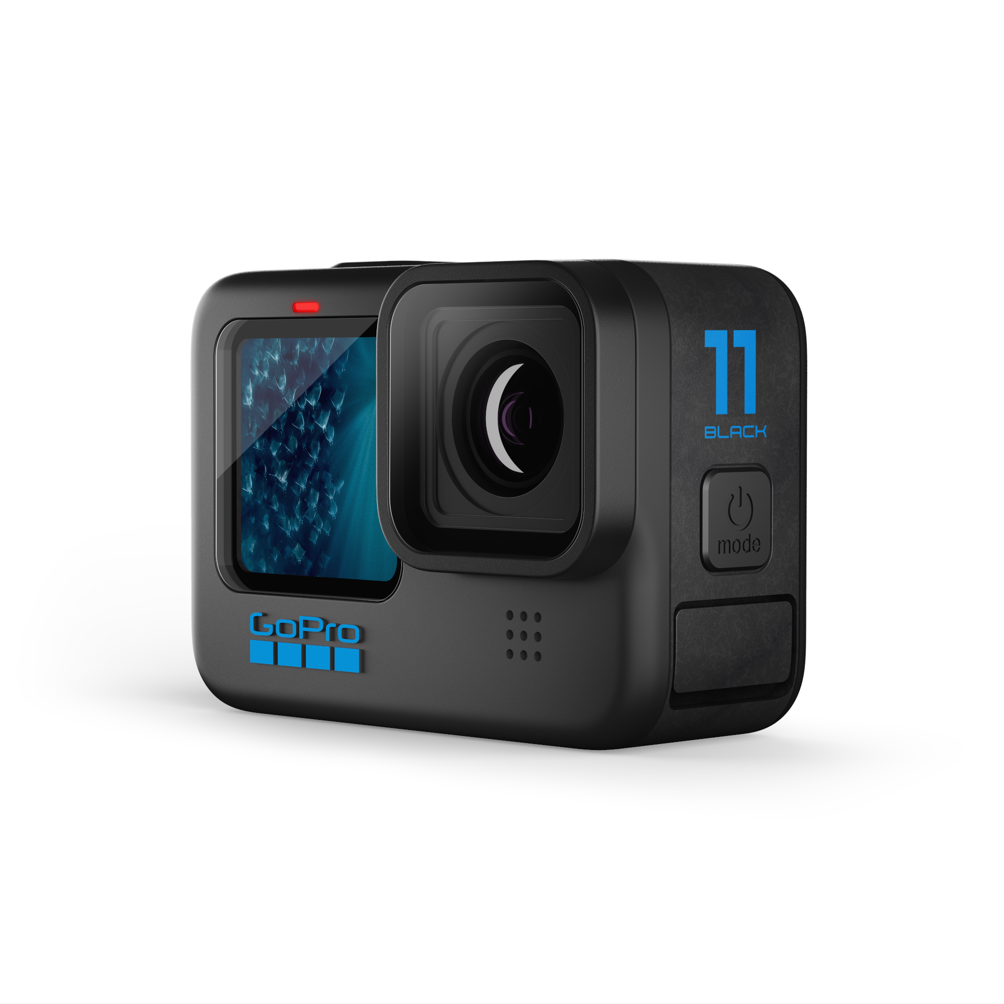 Schwarze Go Pro 11 Kamera mit Objektiv, Bildschirm und Knöpfen, auf weißer Oberfläche.