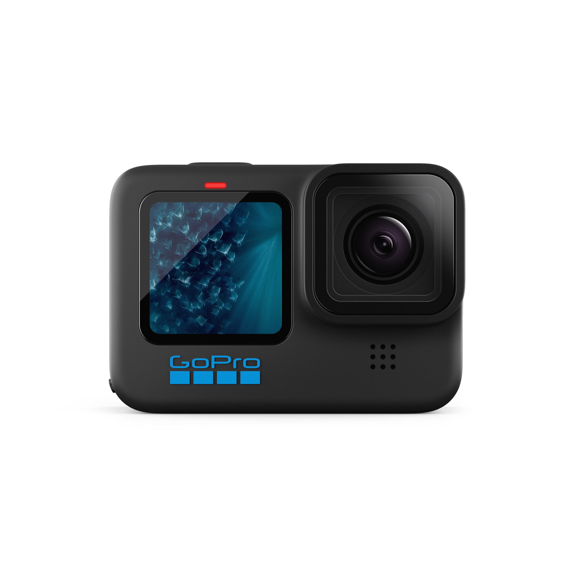 Eine schwarze GoPro-Kamera wird auf weißem Hintergrund angezeigt, die Frontlinse und der Bildschirm sind sichtbar.