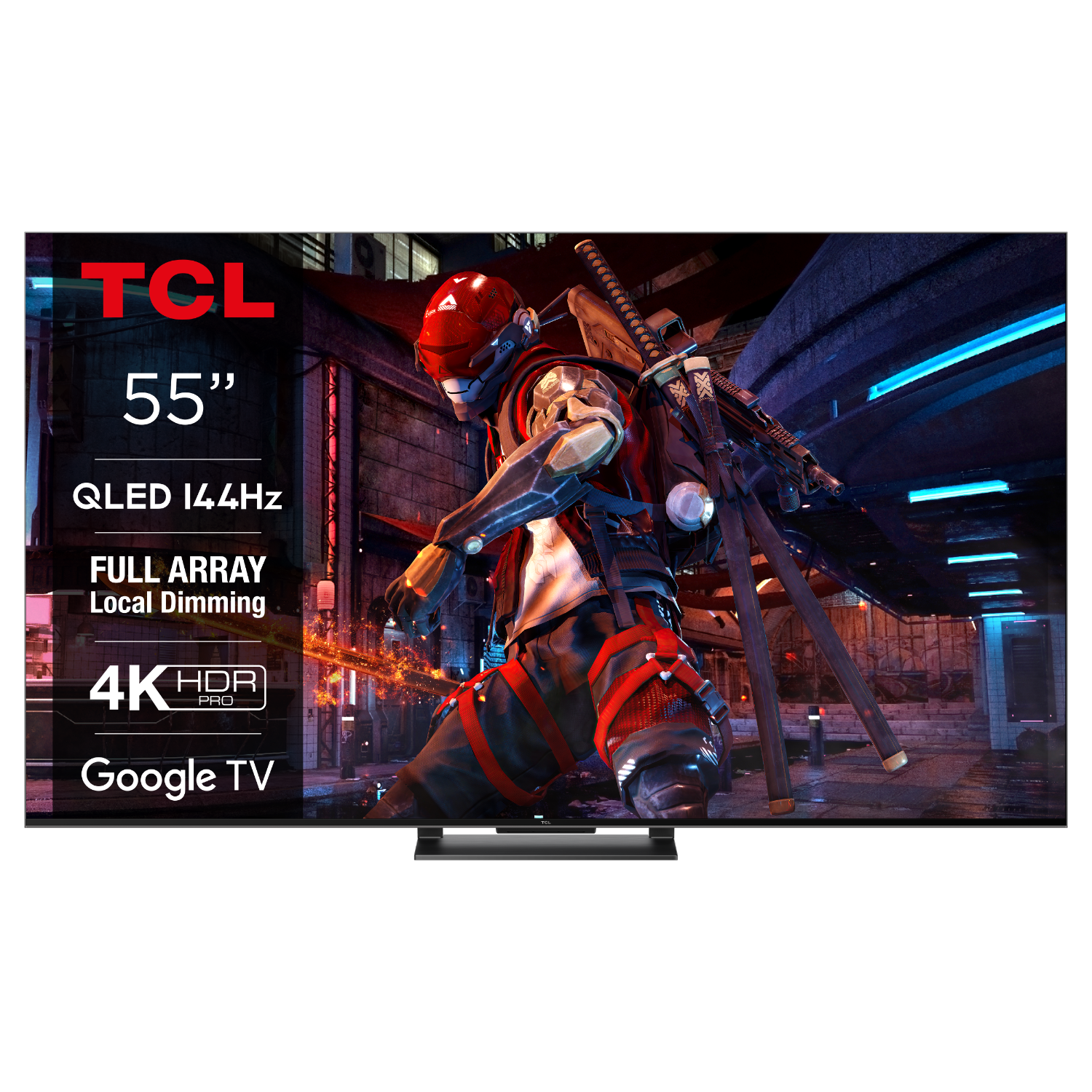 55-inch TCL tv met een futuristische game scene, HDR en Google TV logo's.