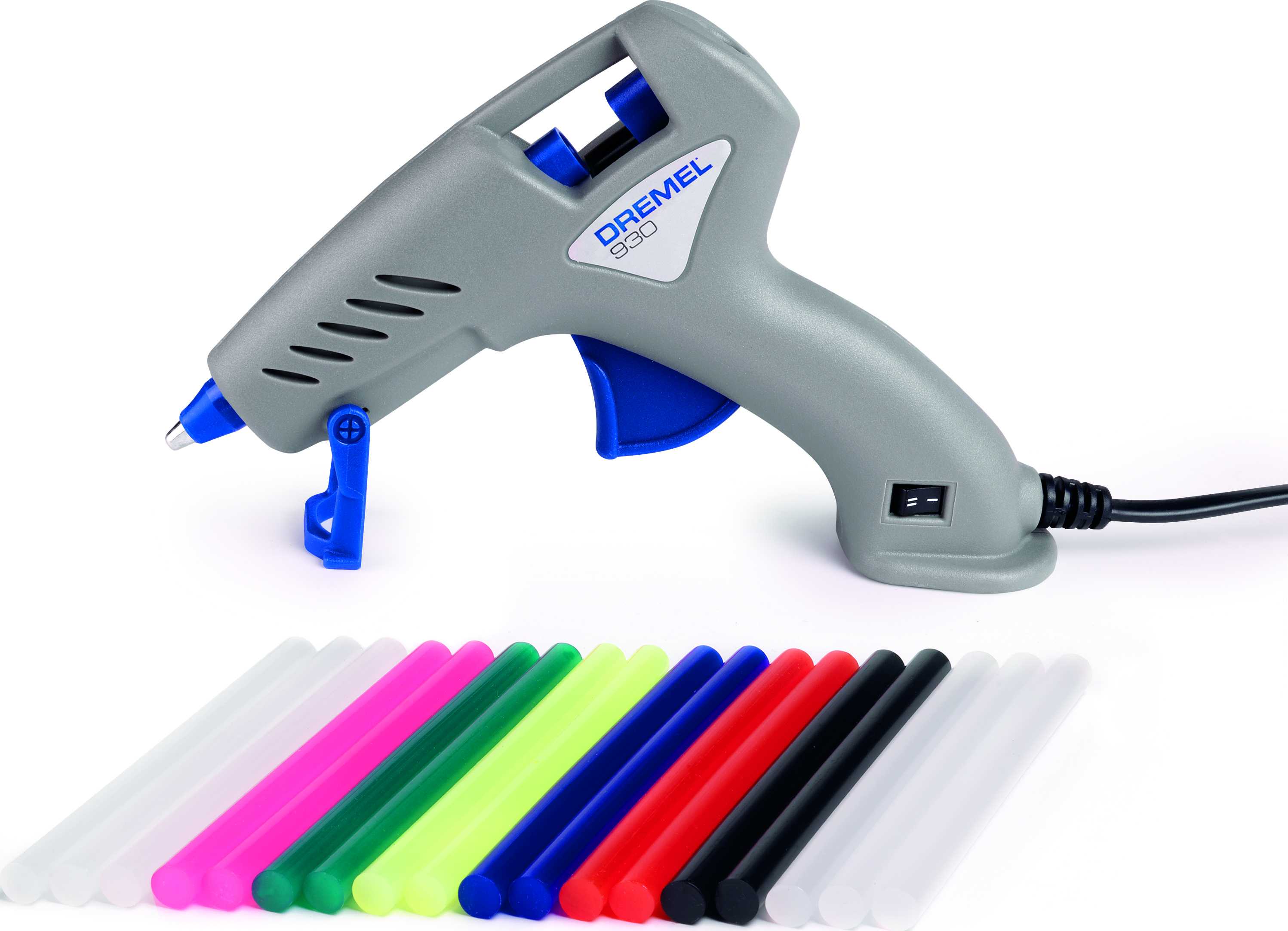 Dremel ragasztópisztoly ragasztórudakkal. A pisztoly szürke, kék fogantyúval és fúvókával.