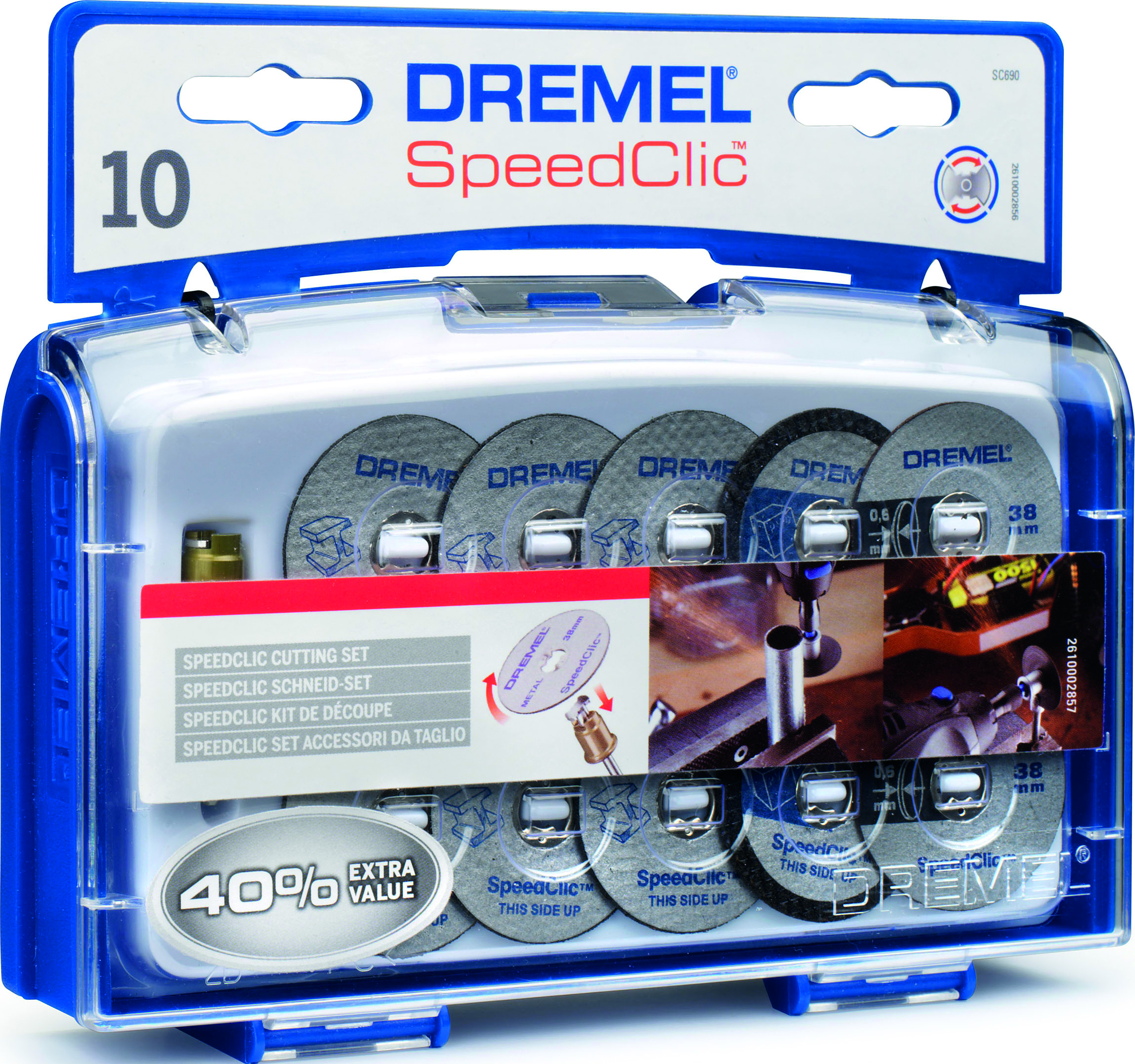 Egy Dremel SpeedClic vágótárcsa és egy csatlakozó szerszám, piros nyíllal.
