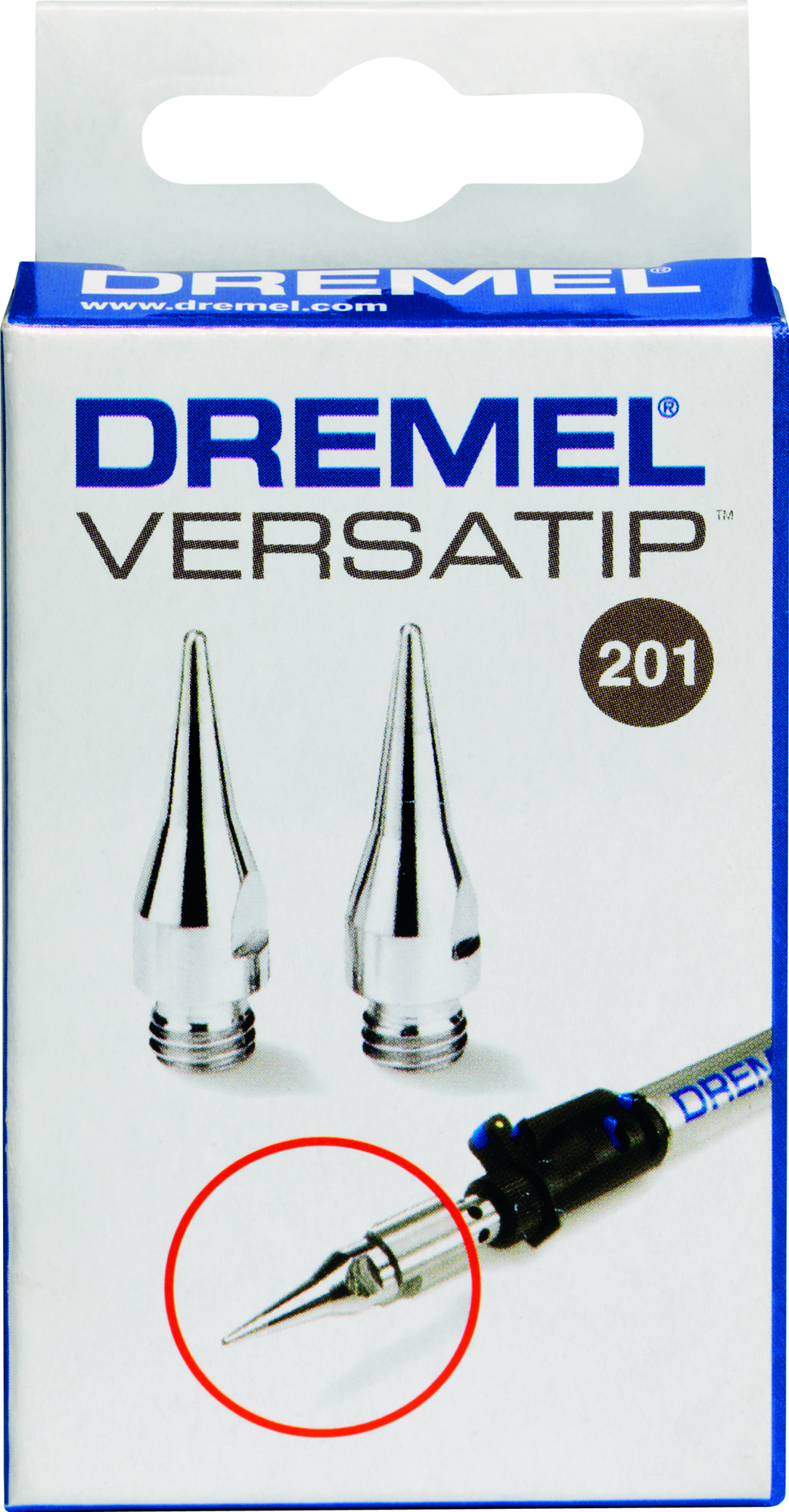 Egy Dremel Versatip 201 csomag, két ezüst hegyet és egy mintát mutat egy szerszámon a forrasztáshoz.