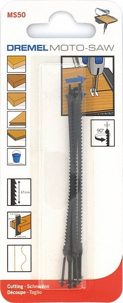 Dremel Moto-Saw csomag fűrészlapokkal és felhasználási illusztrációkkal, fehér háttérrel.