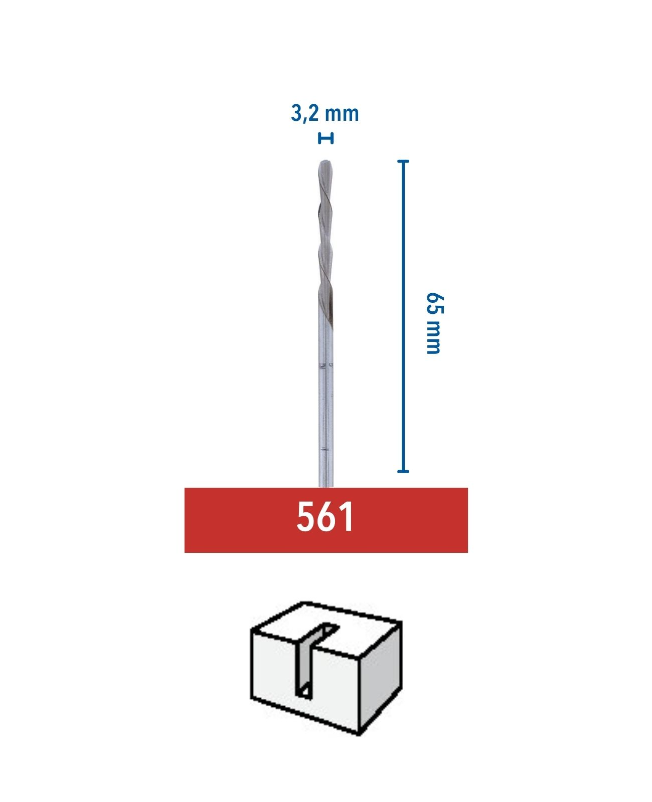 Egy fúrószár, 65 mm hosszú, piros dobozzal és mm-ben méretekkel.