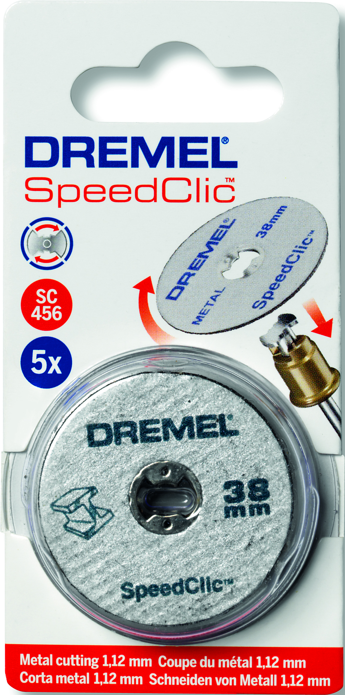 Dremel SpeedClic vágótárcsa csomag. Tartalmaz tárcsát és tartozékot. Piros nyilak jelzik a vágási irányt.