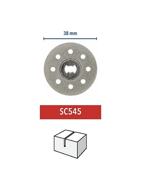 Egy ezüst, kör alakú szerszámfej 8 lyukkal és egy központi nyílással, SC545 felirattal.