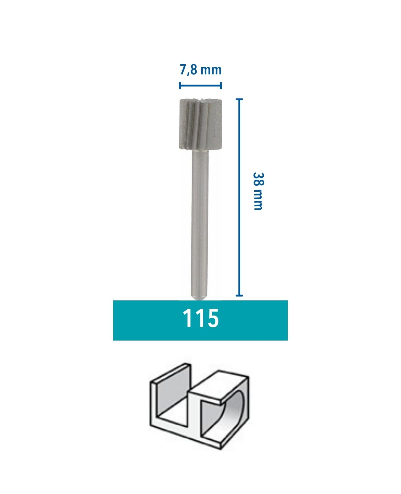 Egy fém maró, méretekkel és egy diagrammal.