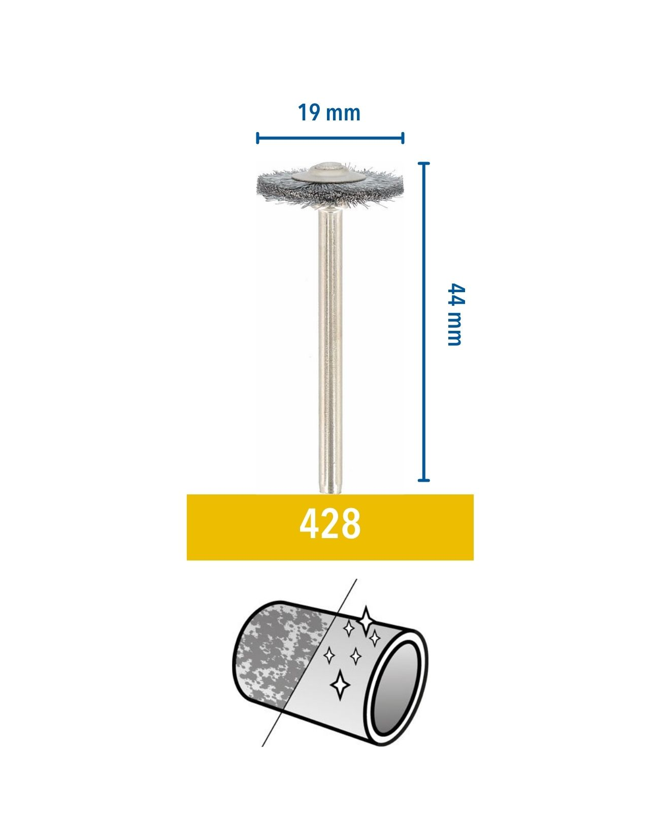 Egy kis szerszám kefefejjel és mm-ben megadott méretekkel. Sárga címke a 428-as számmal.