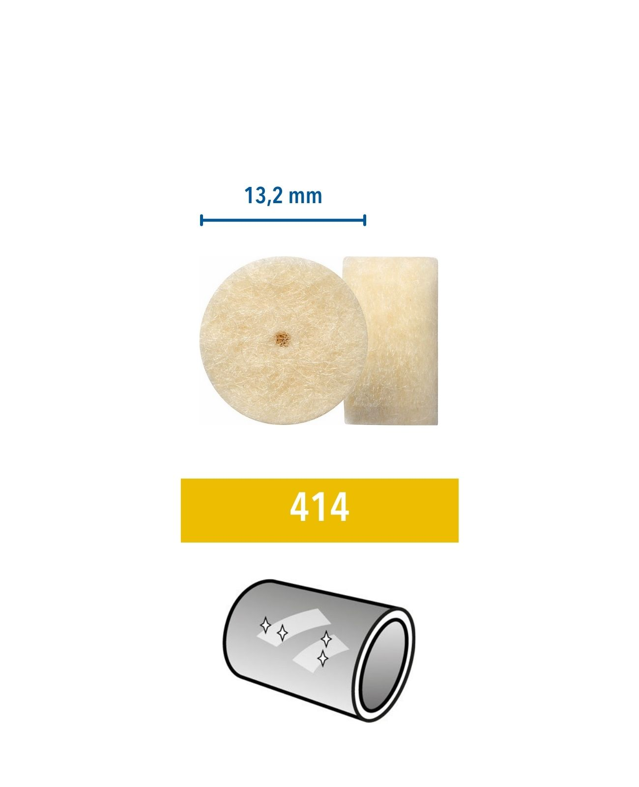 Két kerek és egy hengeres polírozó tartozék, méréssel és diagrammal.