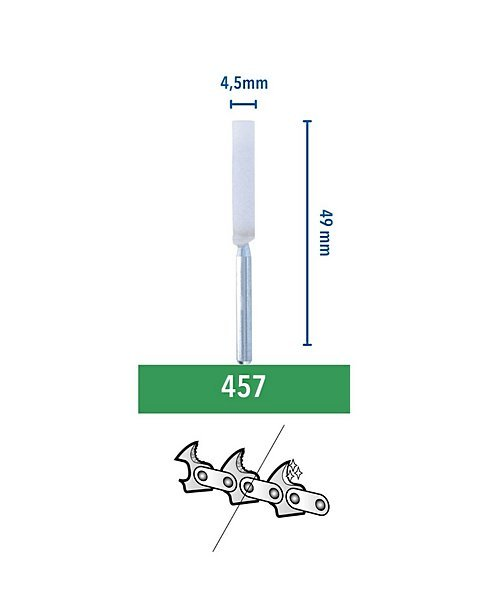 Egy láncfűrész láncélező szerszám méretekkel. Egy zöld téglalapban a "457" felirat látható.