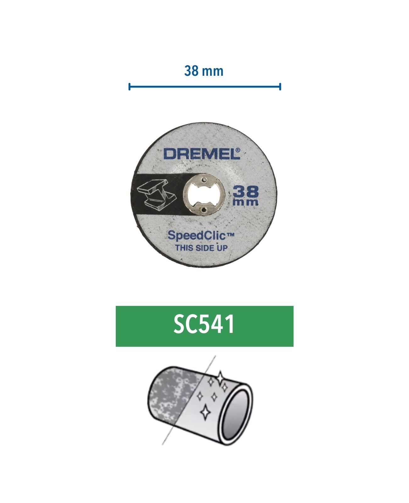 Egy Dremel vágókorong, 38 mm átmérővel és a 'SpeedClic' felirattal.