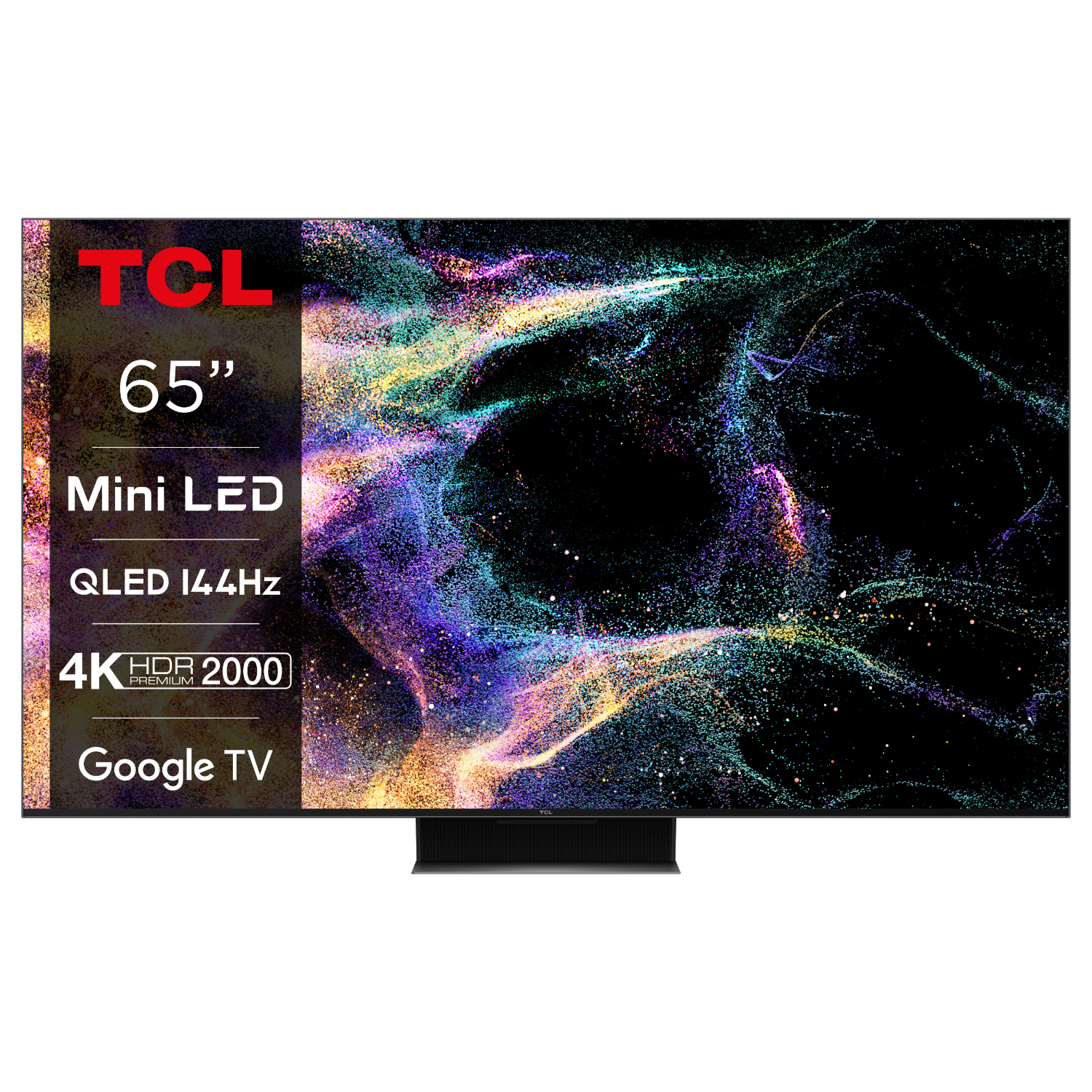 TCL 65" Mini LED TV met Google TV, toont kleurrijke visuele content.