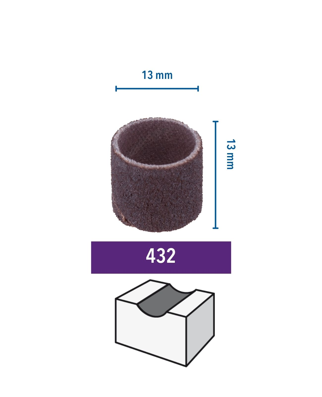Egy hengeres, barna csiszolóhüvely látható méretekkel és egy lila címke a 432-es számmal.