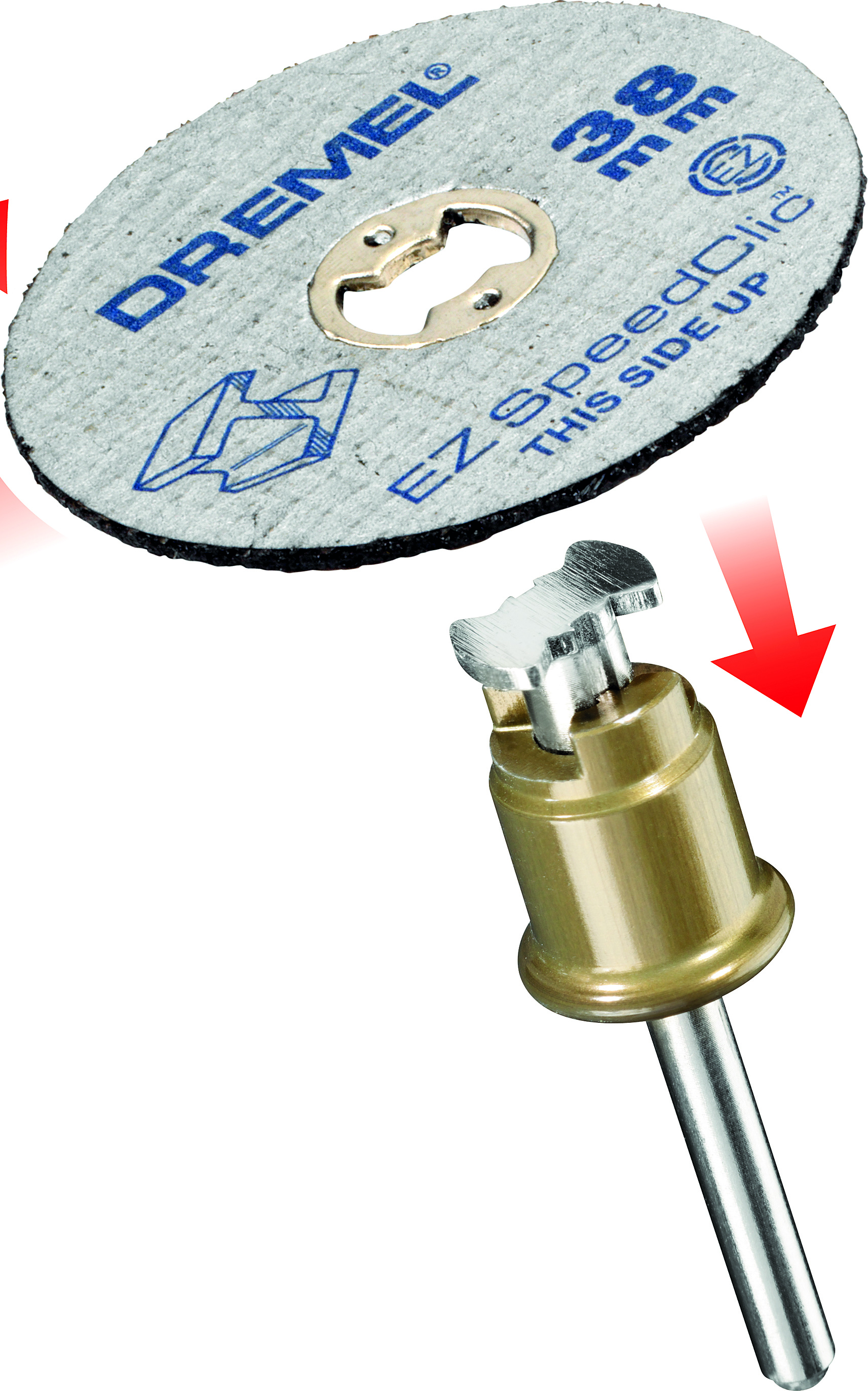 Dremel vágókorong és szerszám. A kerék szürke, kék szöveggel. A szerszám ezüst és arany.