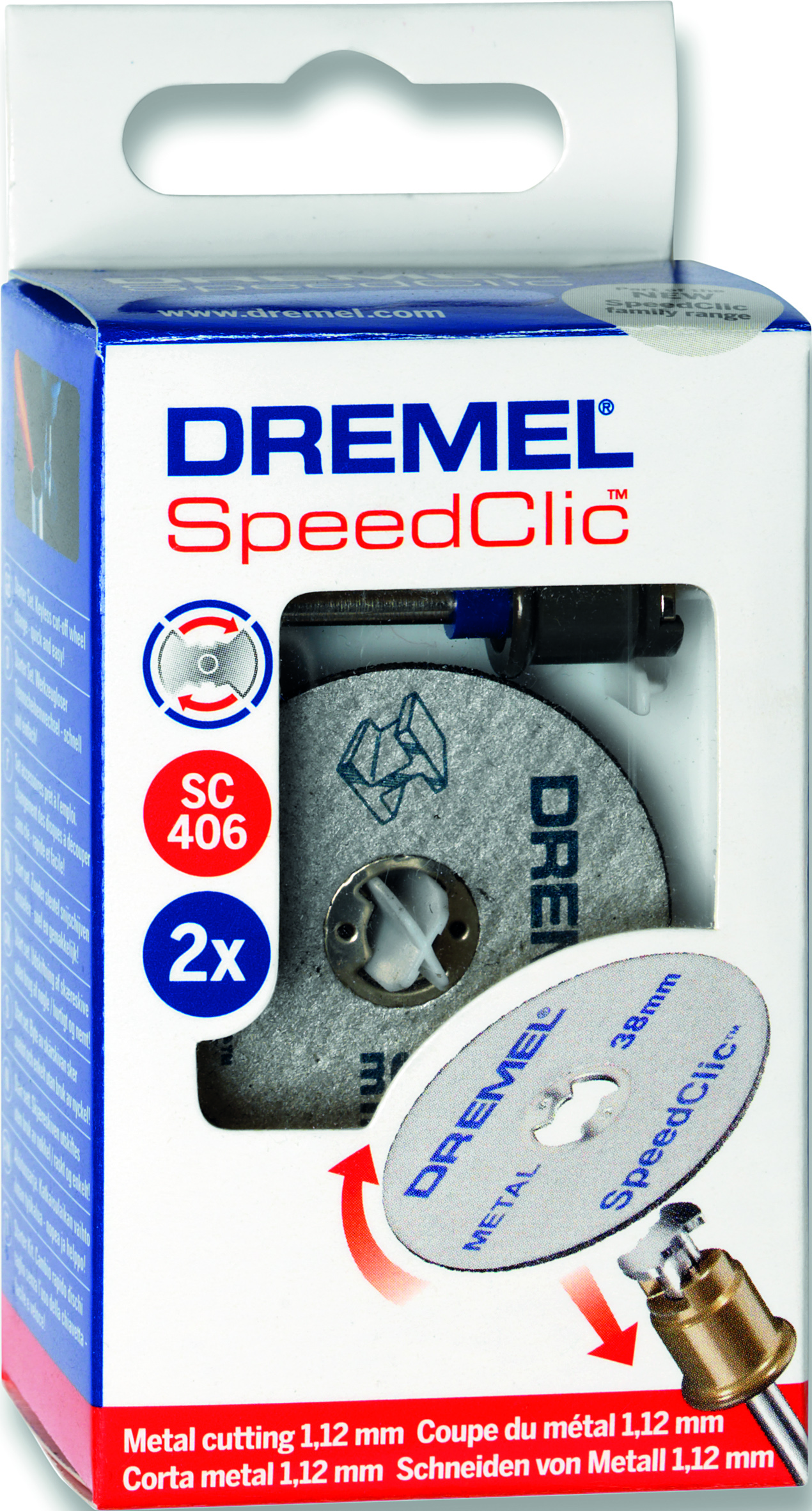 Dremel SpeedClic szerszám doboza vágótárcsákkal. A dobozon a szerszám és a tárcsák képe látható.