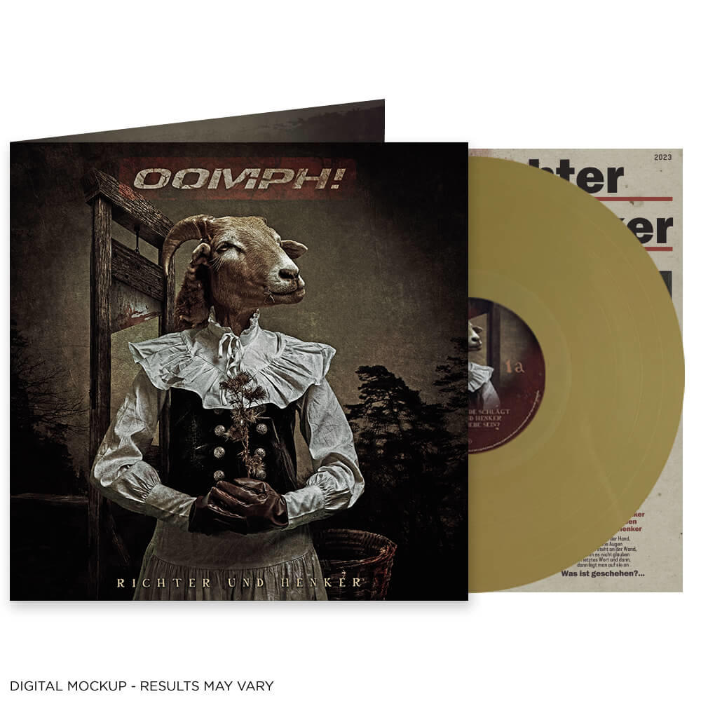 Albumcover von OOMPH! mit einer ziegenköpfigen Figur. Eine Vinyl-Schallplatte liegt daneben.
