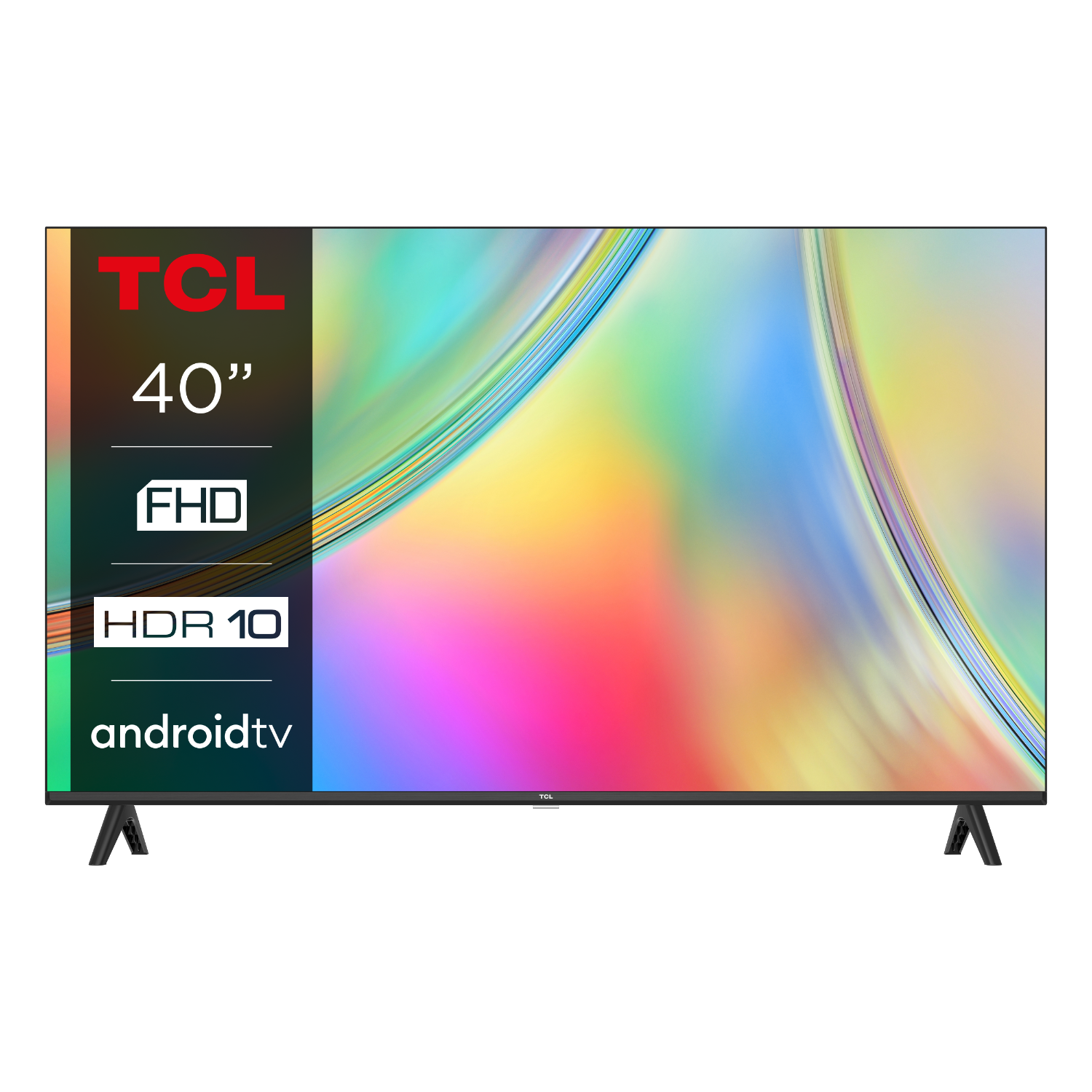 TCL 40-inch Android TV. Zwart frame, met de woorden FHD en HDR 10 op het scherm. Zwarte standaard.