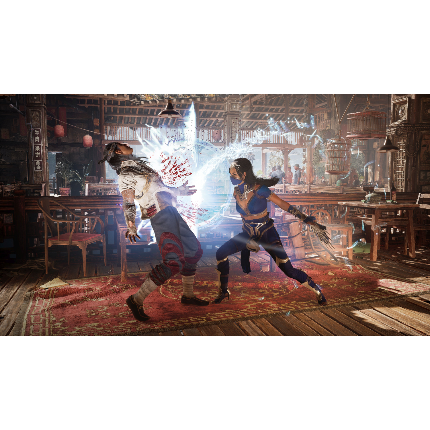 Twee figuren vechten in een videogame. Eén wordt geraakt door blauwe energie. Bloederige scène.