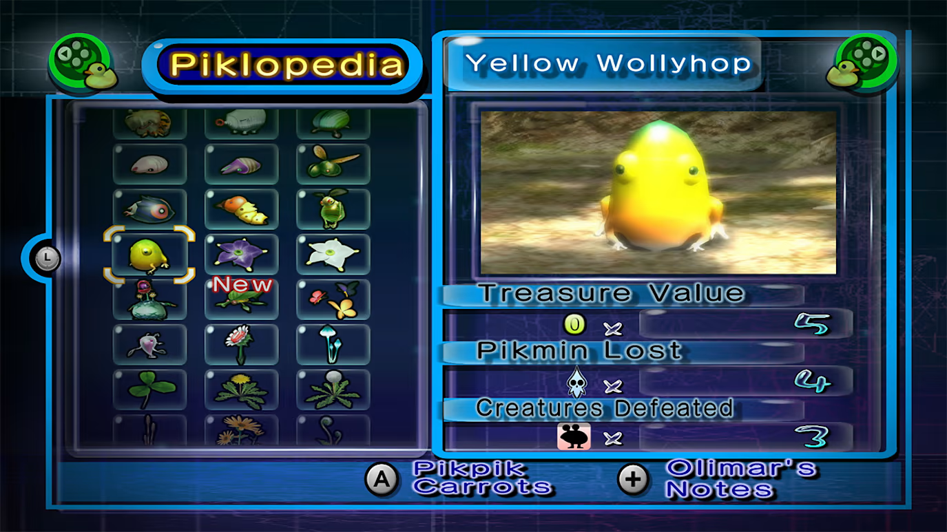 Capture d'écran du jeu Pikmin. Interface Piklopedia avec un Wollyhop jaune. Statistiques du jeu.