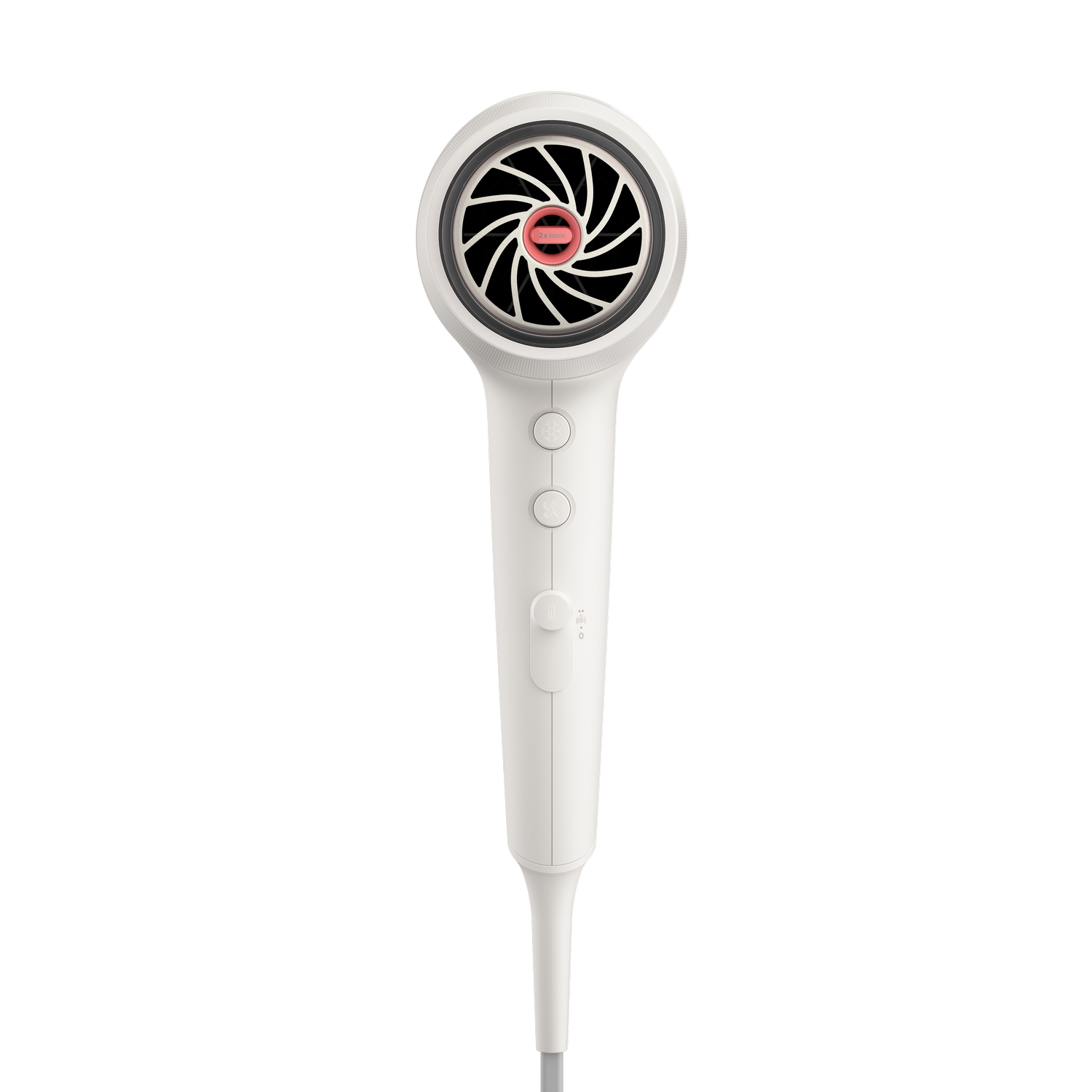 A white hairdryer with a black and red fan. The handle has buttons.