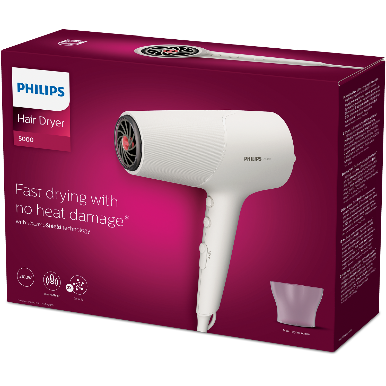 A white Philips hair dryer in its box, with details about fast drying and heat protection, on a dark background.