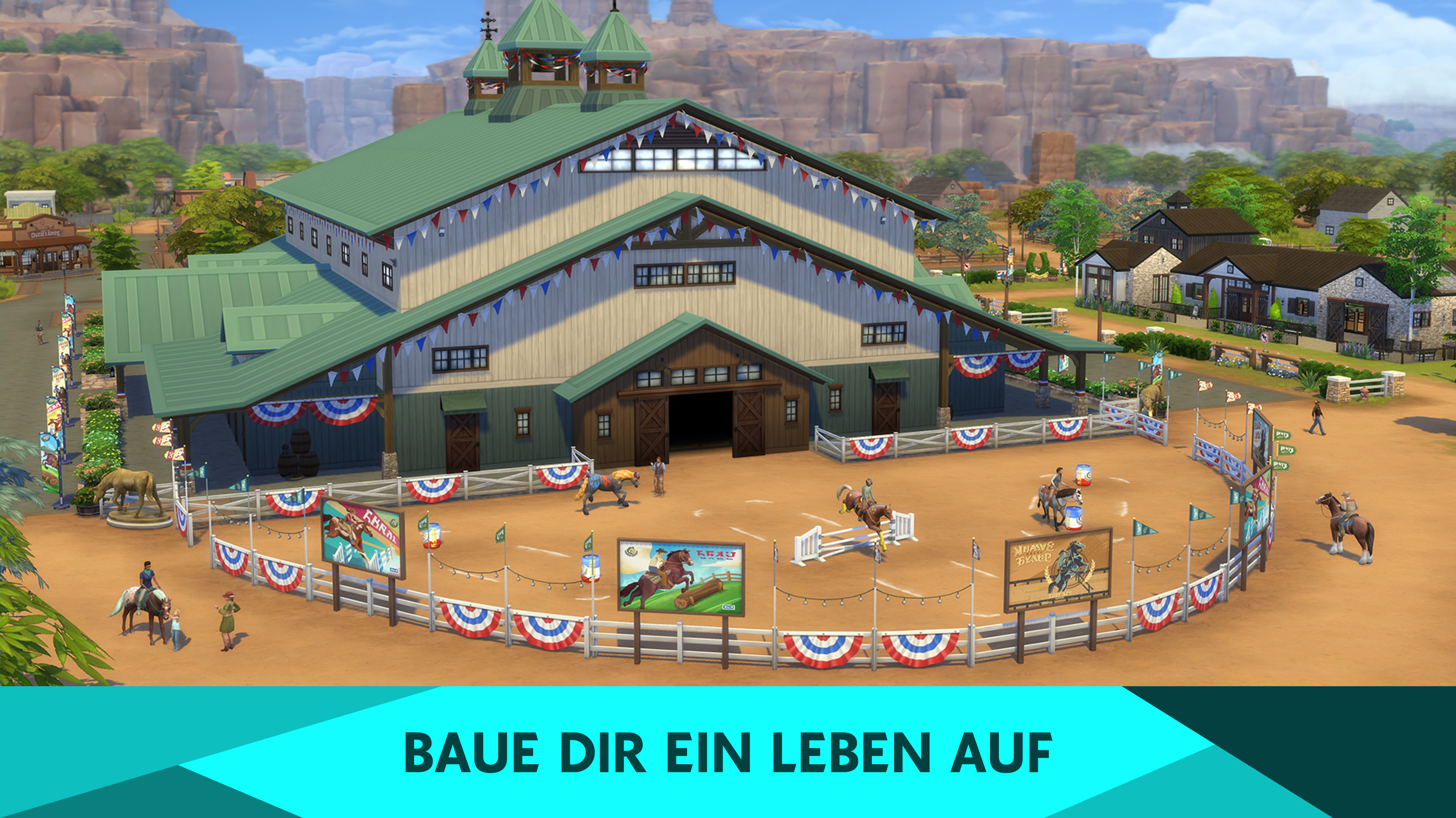 Eine große Pferderennbahn mit reitenden Personen. Gebäude sind im Hintergrund.