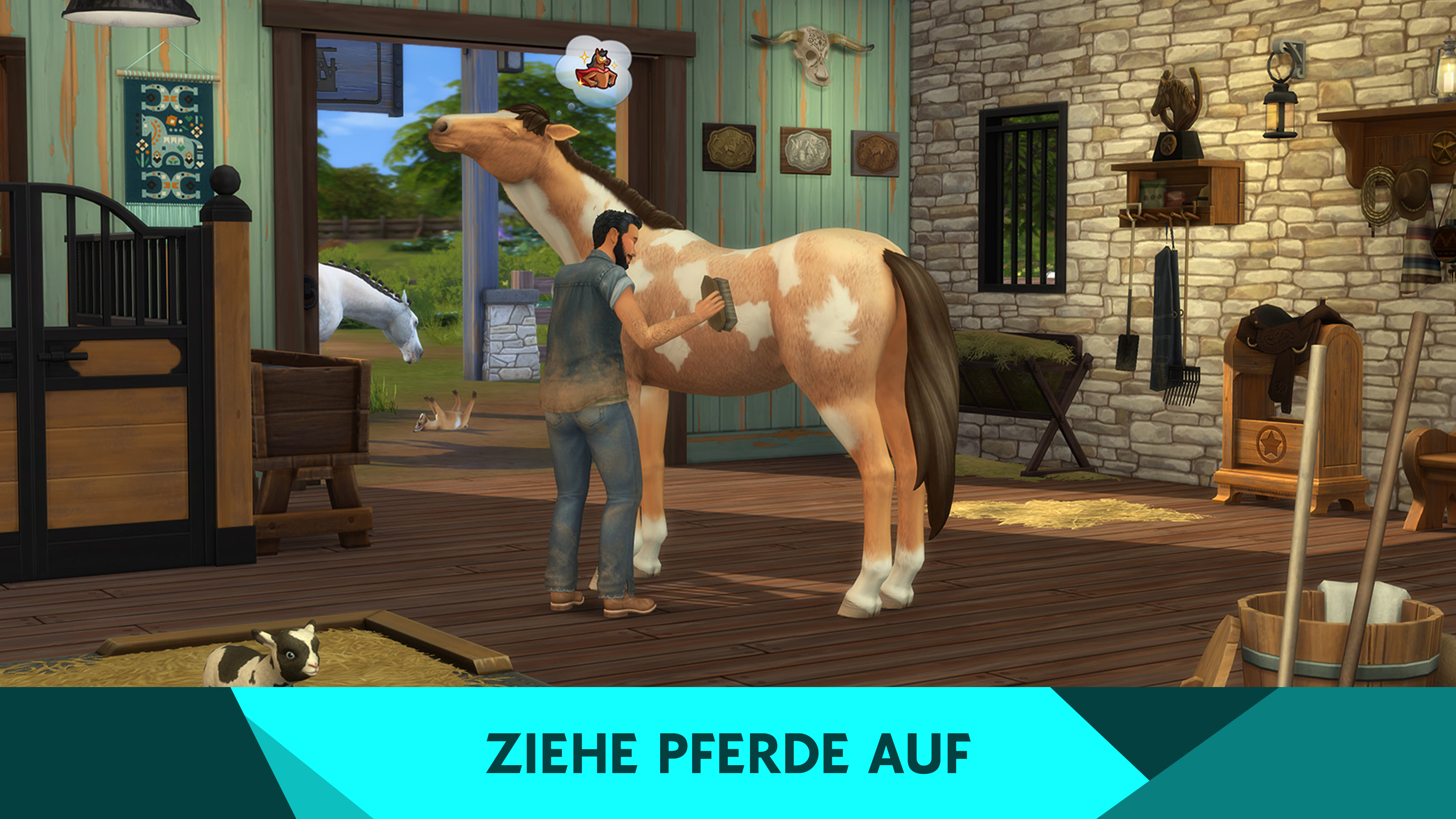 Ein Mann pflegt ein Pferd in einer Farm-Szene. Text-Overlay sagt 'ZIEHE PFERDE AUF'.