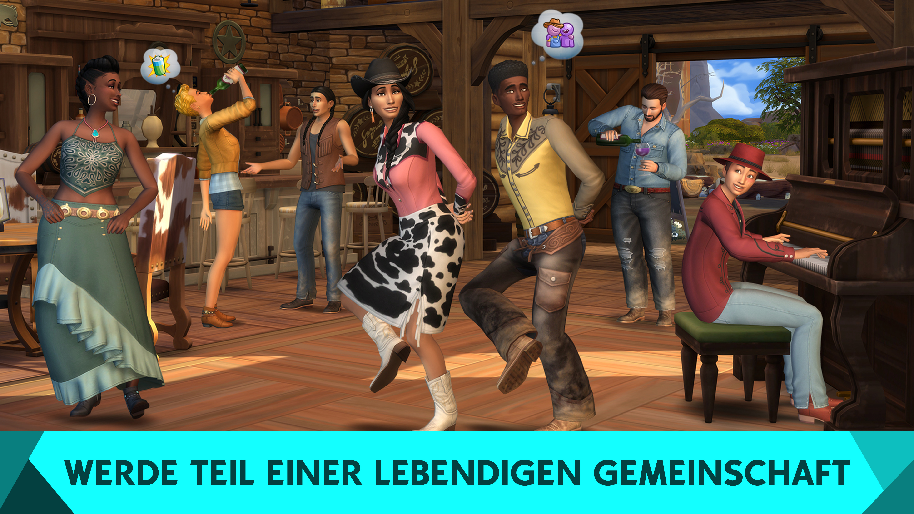 Eine Spielszene von Leuten, die tanzen und Musik spielen. Der Text unten lautet: 