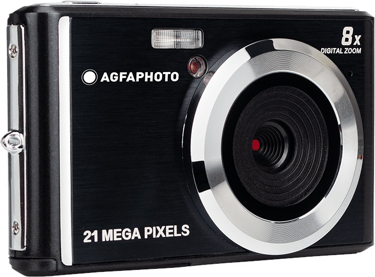 Black AgfaPhoto camera with silver accents. Features lens, flash, and '21 Mega Pixels'.