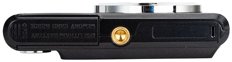 A black camera with a gold-colored port and silver buttons, seen from the side.