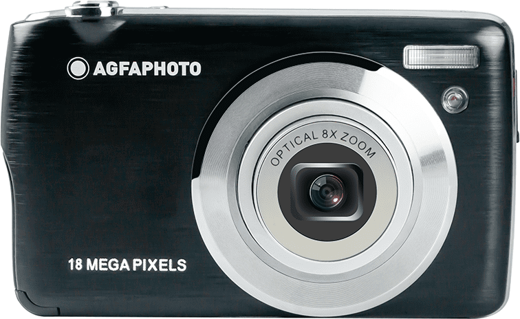Een zwarte AgfaPhoto digitale camera. Het heeft een zilveren lens en de tekst "18 MEGA PIXELS" eronder.