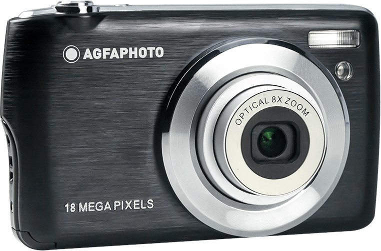 Een zwarte digitale camera met zilveren accenten, met lens en knoppen.