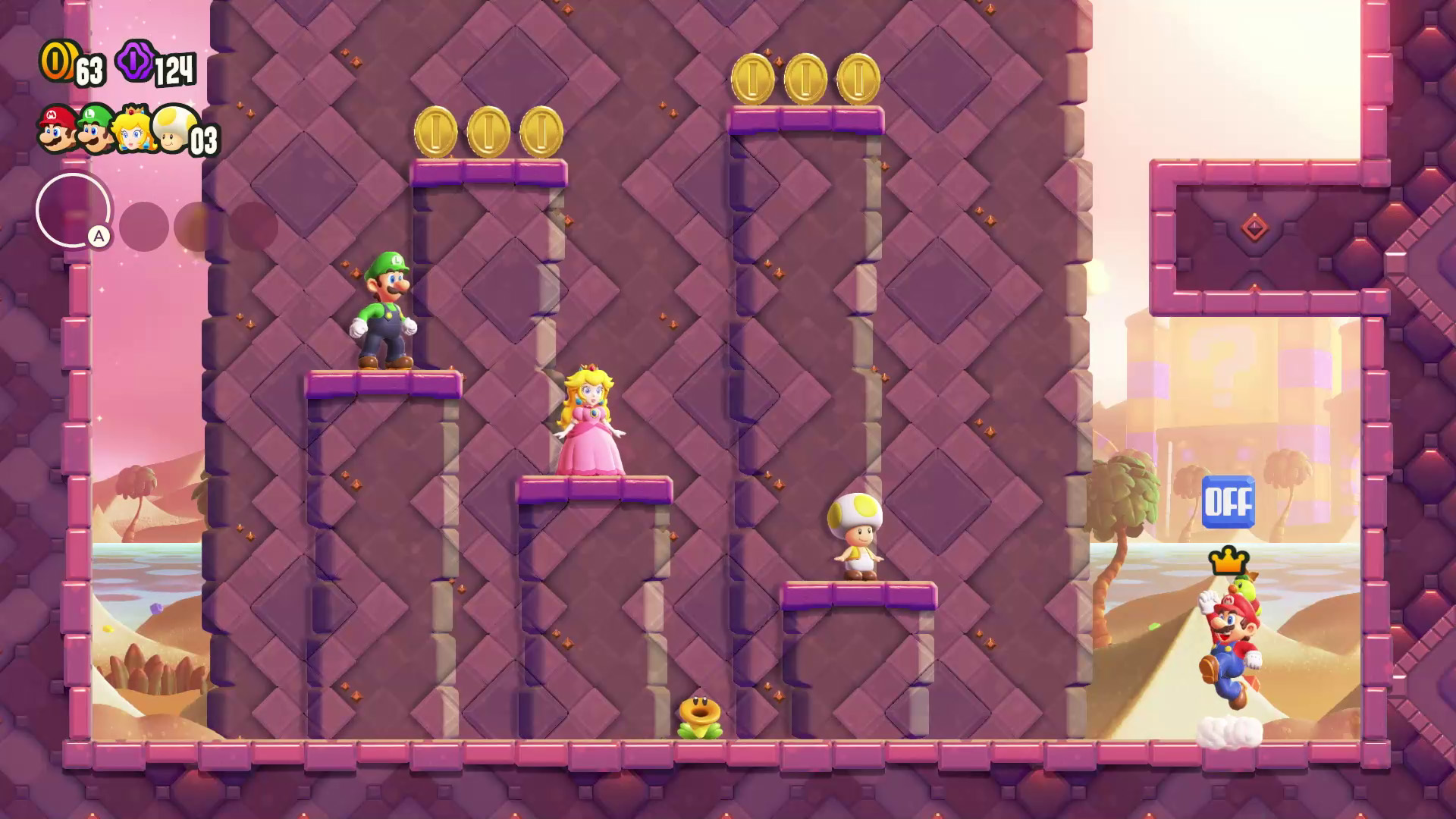 Une scène de jeu vidéo avec Mario, Luigi, Peach et Toad sur des plateformes, collectant des pièces.