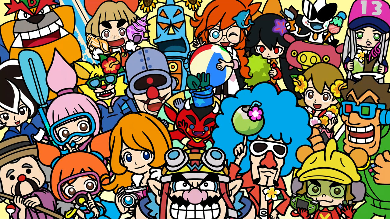 Eine farbenfrohe Collage von Cartoonfiguren mit einer Vielzahl von Gesichtern und Stilen auf hellgelbem Hintergrund.