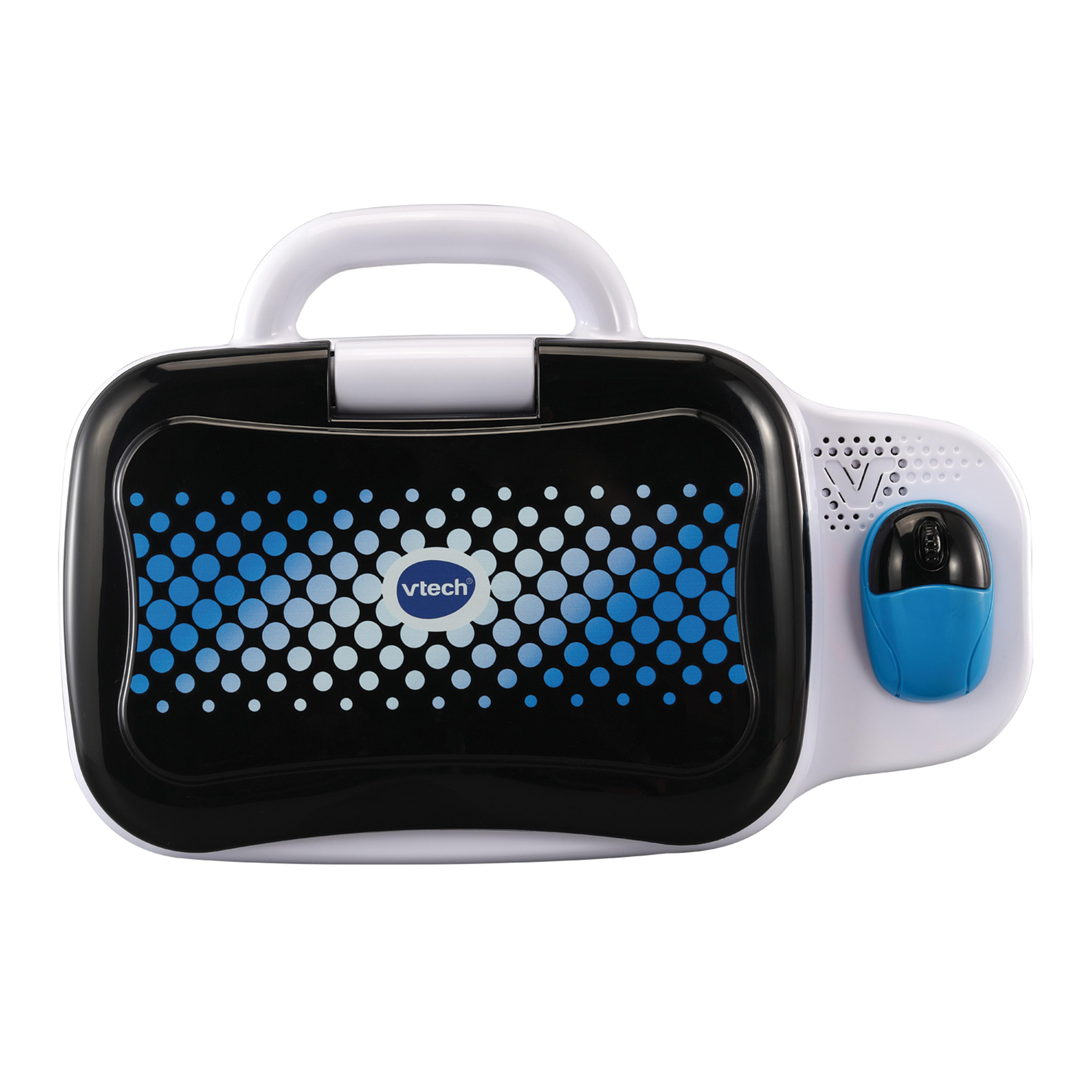 Weißer und schwarzer Vtech-Laptop mit blauer Maus, Griff oben.