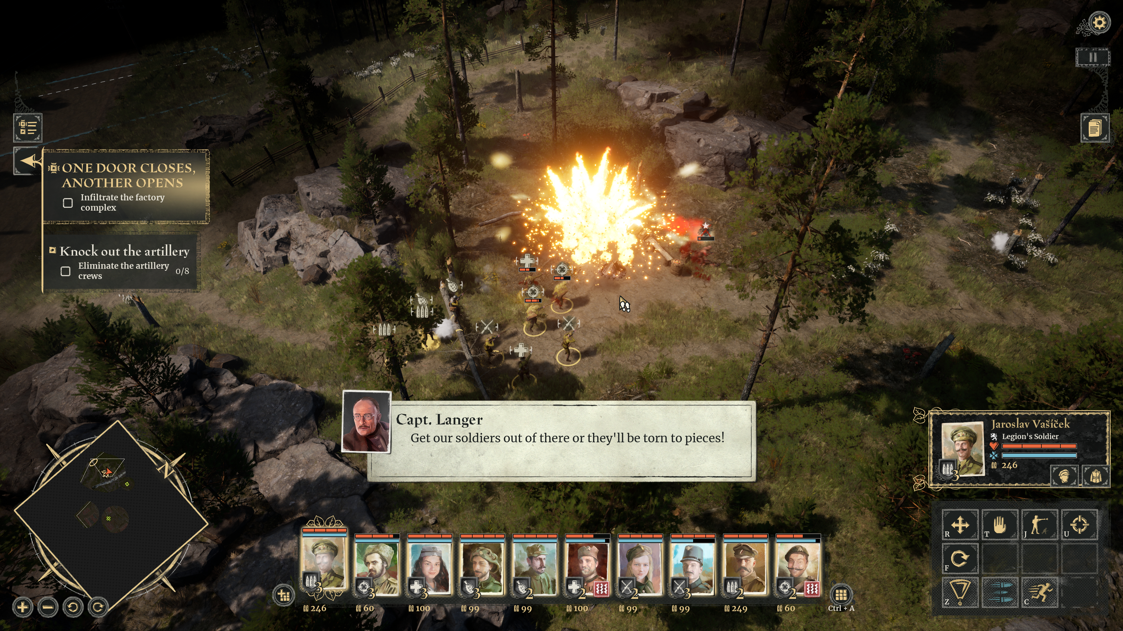 Draufsicht auf eine Spielszene mit Explosionen und Soldaten.