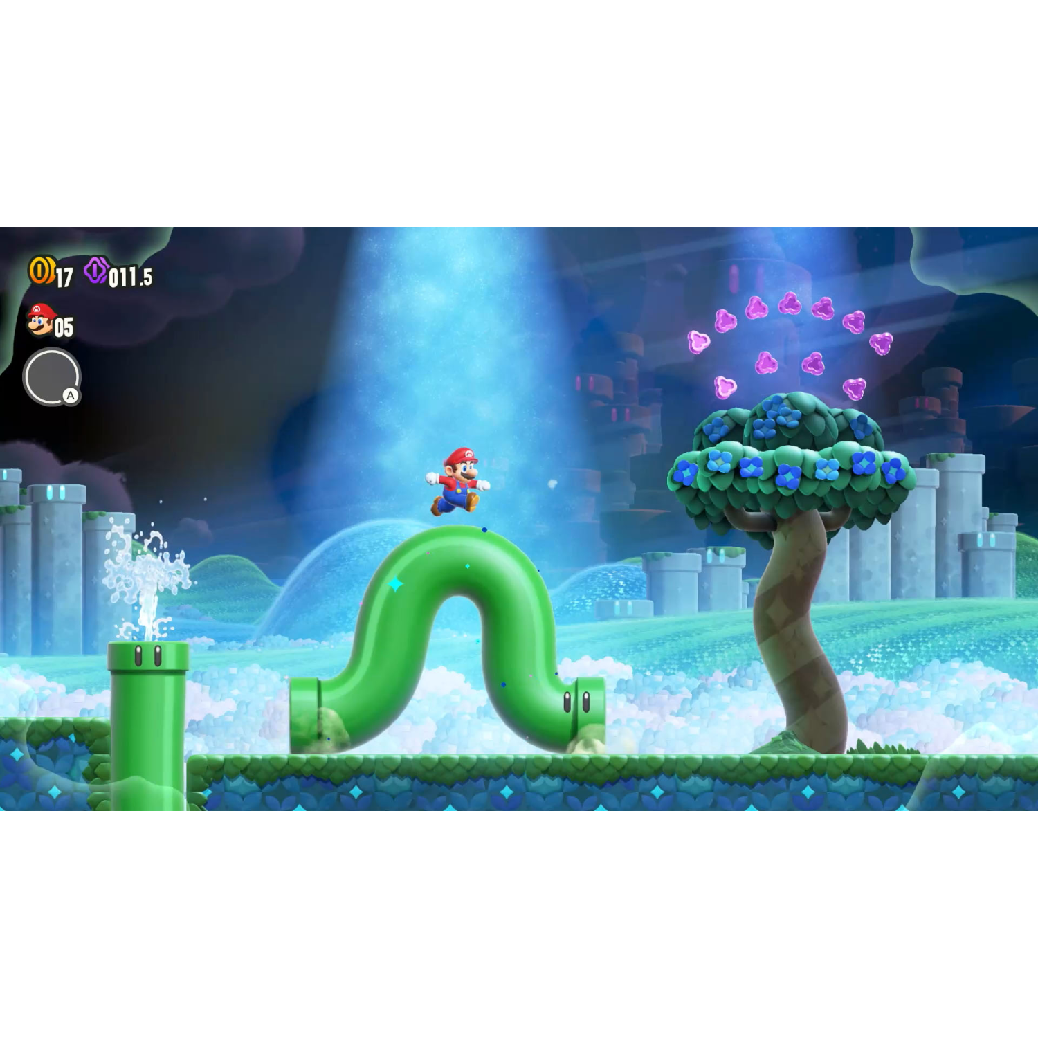 Mario on a green pipe in a game scene. The background is a blue sky with trees and water.